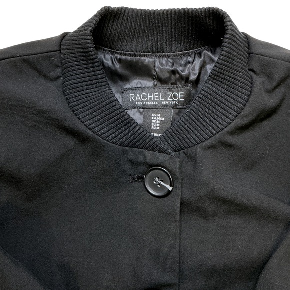 Rachel Zoe Black Bomber Jacket Cropped Button Front Ribbed Collar Cuffs Womens M - Picture 7 of 7